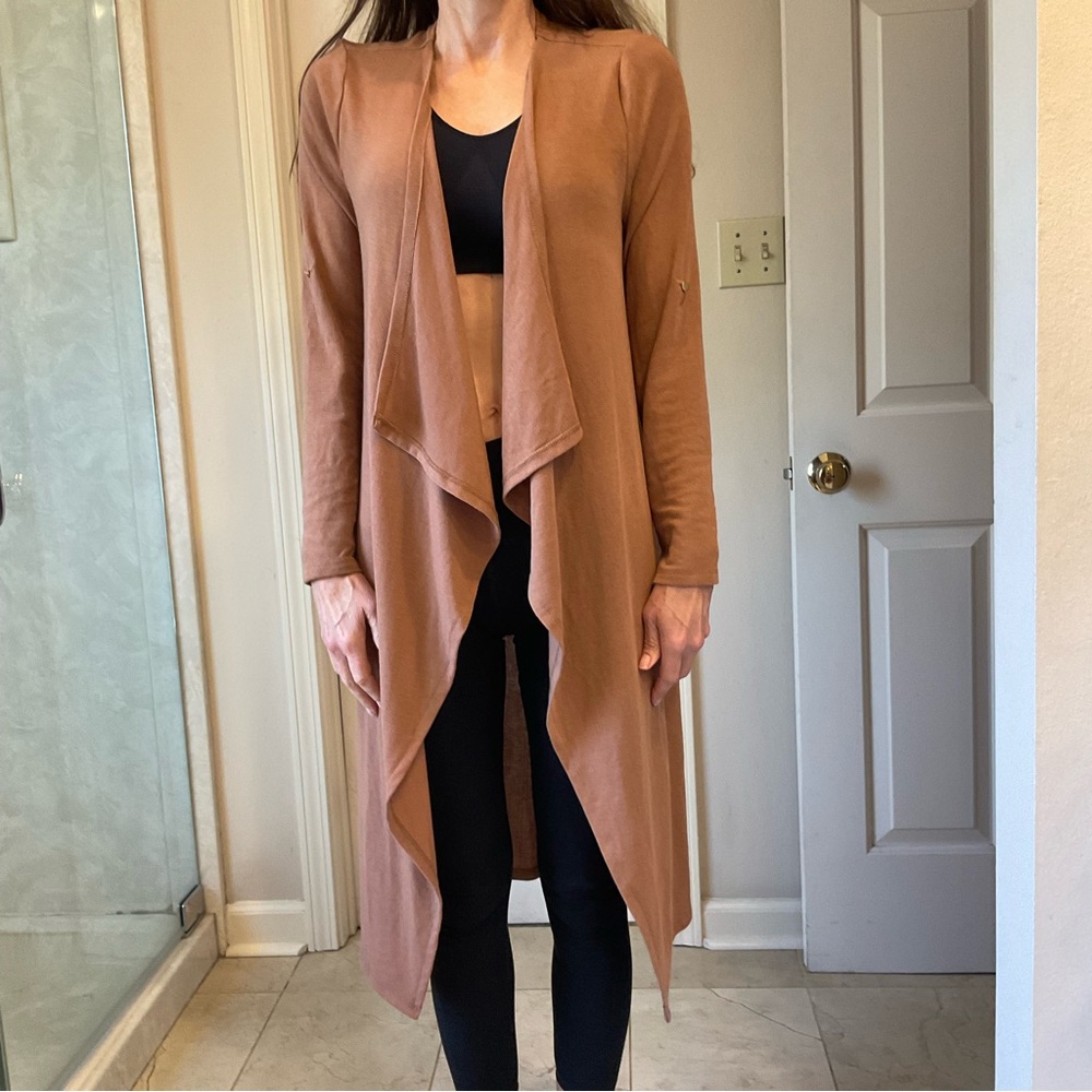 She + Sky Long sleeve knit jacket, long, solid tan wrap style, Soft! Comfy! Sz S - Picture 6 of 11